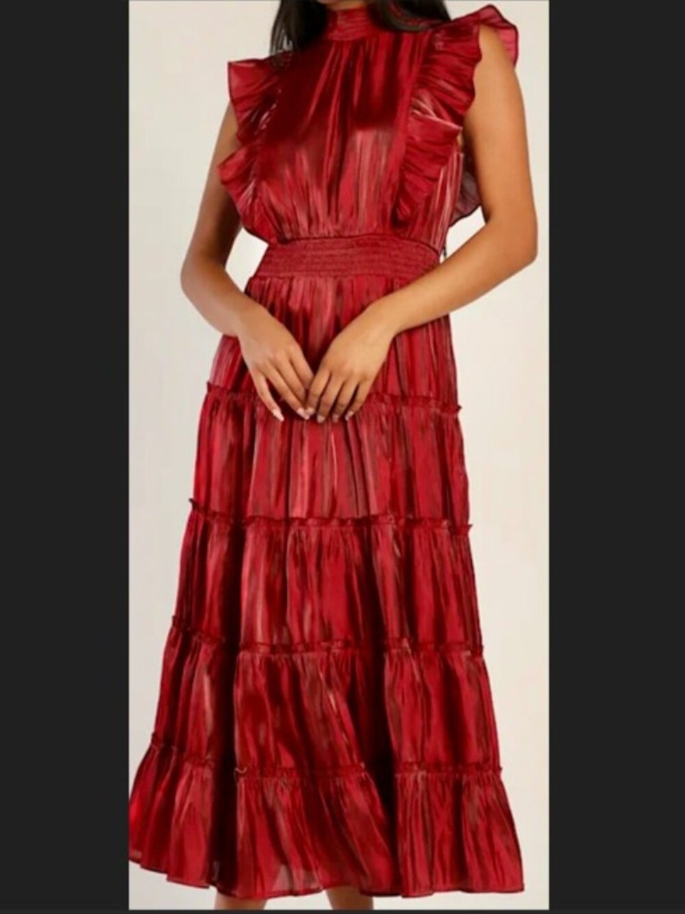 Lulus Take A Glance Burgundy Tiered Mock Neck Midi Dress Metallic Shimmer Small